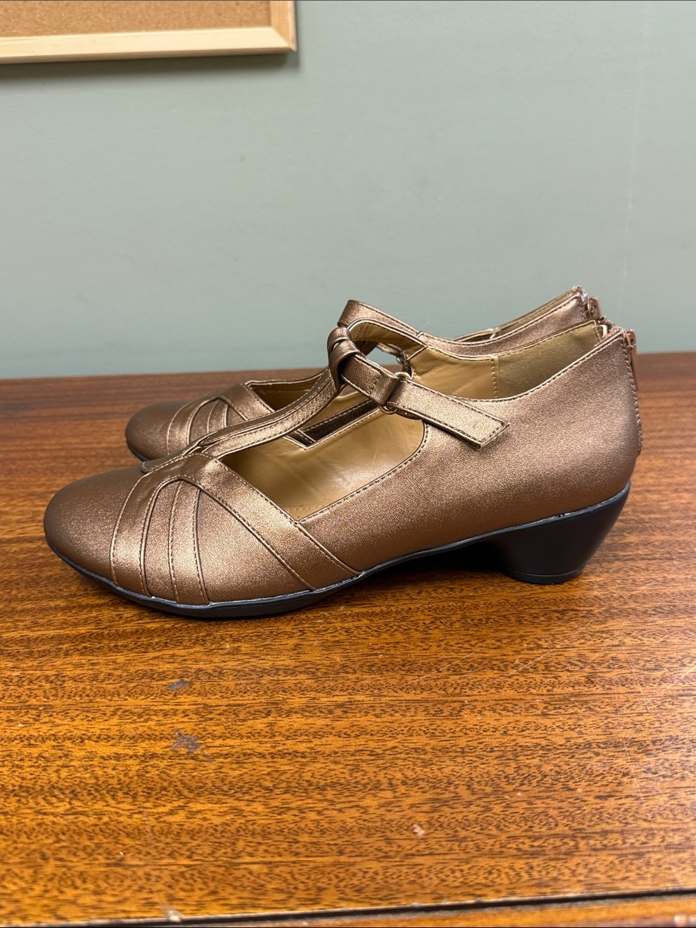 comfortview Metallic Bronze T-Strap Heels - Picture 5 of 5